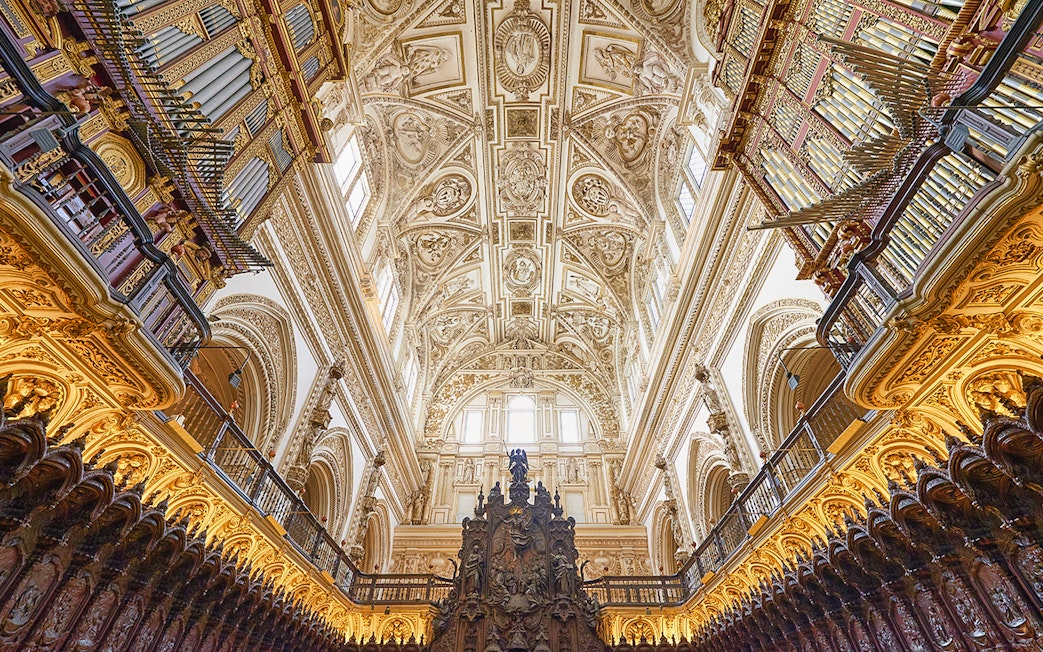 Nave and choir stalls with ornate ceiling and organ pipes in a historic cathedral.