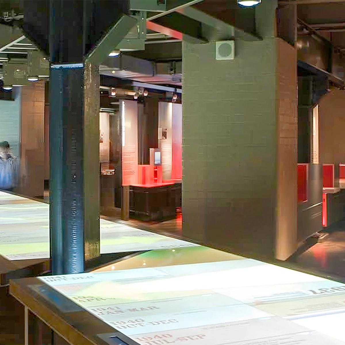 Interactive exhibit in Churchill War Rooms, London, displaying historical documents.