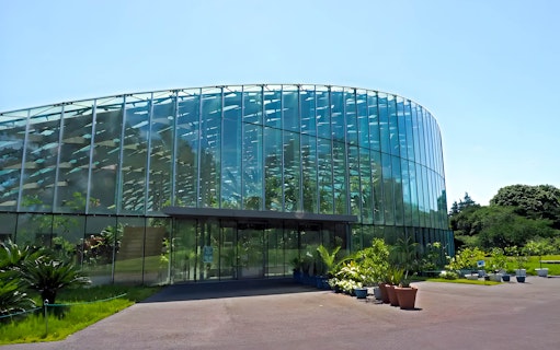 Glass conservatory at Shinjuku Gyoen, Tokyo, surrounded by greenery.