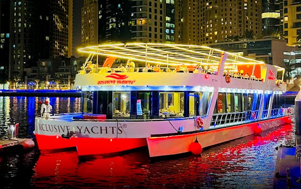 Luxury yacht docked at Dubai Marina for Ain Dubai & JBR New Year's Eve boat party.