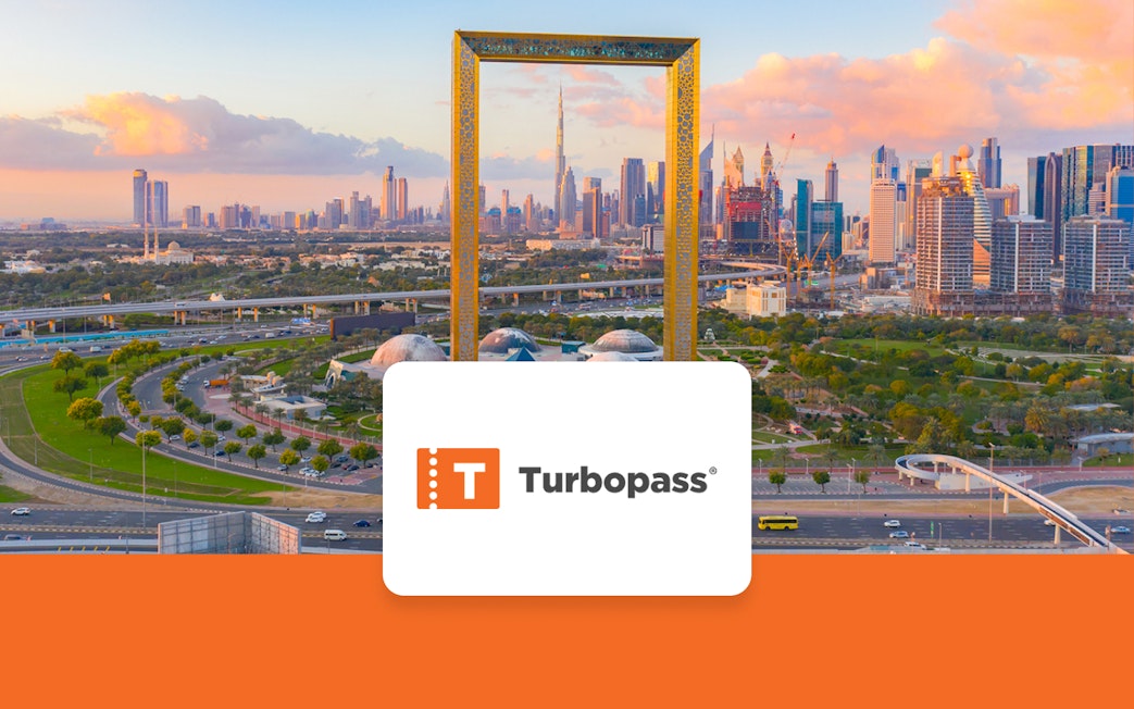 Dubai skyline with the Dubai Frame and Burj Khalifa, promoting Dubai City Pass.