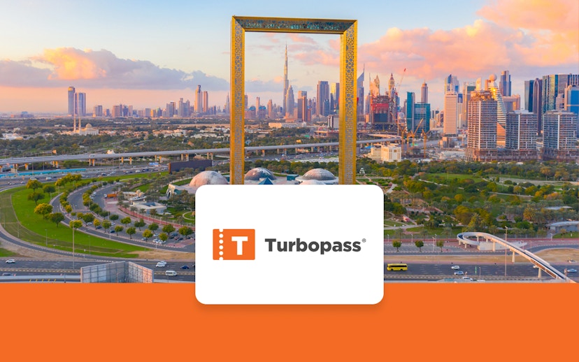 Dubai skyline with the Dubai Frame and Burj Khalifa, promoting Dubai City Pass.