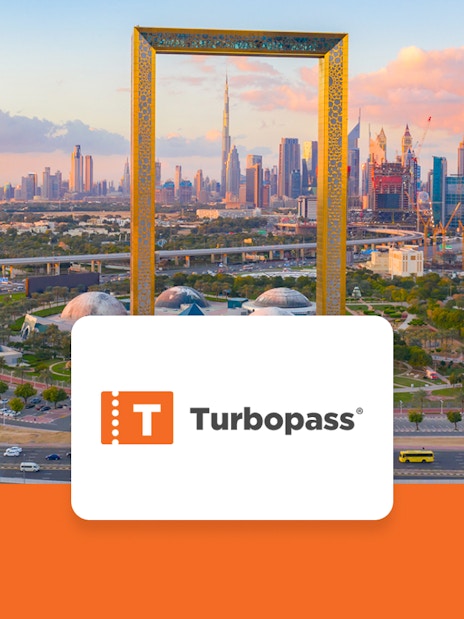 Dubai skyline with the Dubai Frame and Burj Khalifa, promoting Dubai City Pass.
