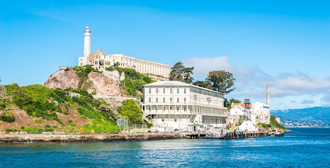 Alcatraz Island with historic prison buildings in San Francisco Bay, California.