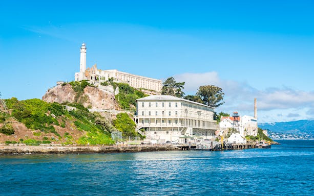 Alcatraz Island with historic prison buildings in San Francisco Bay, California.