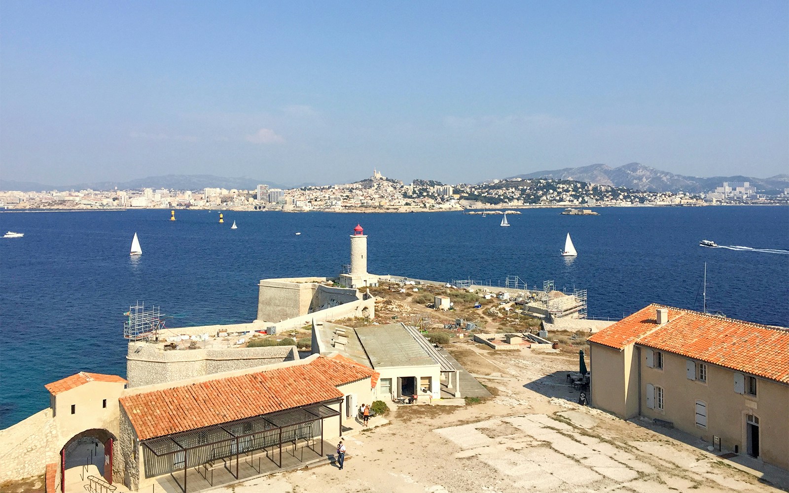 Château d’If overlooking the sea with Marseille in the background, France.