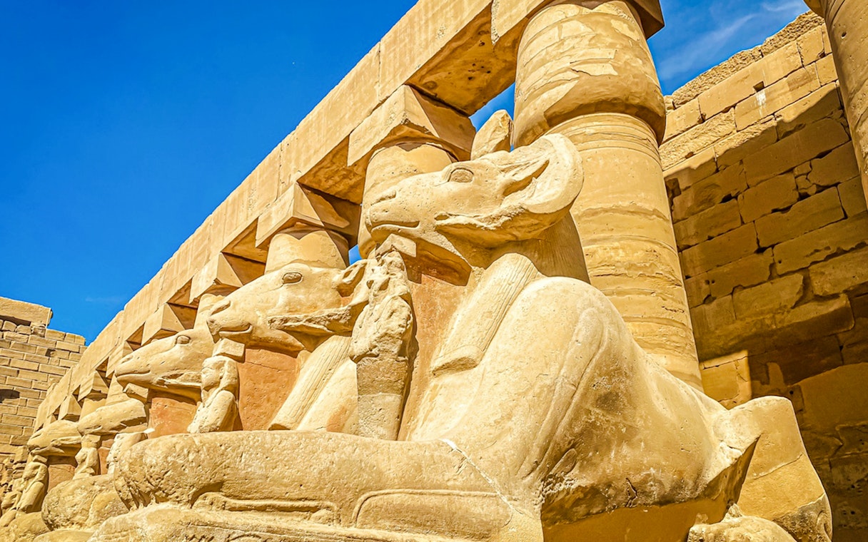 Ram-headed sphinxes at Karnak Temple, Luxor, Egypt.