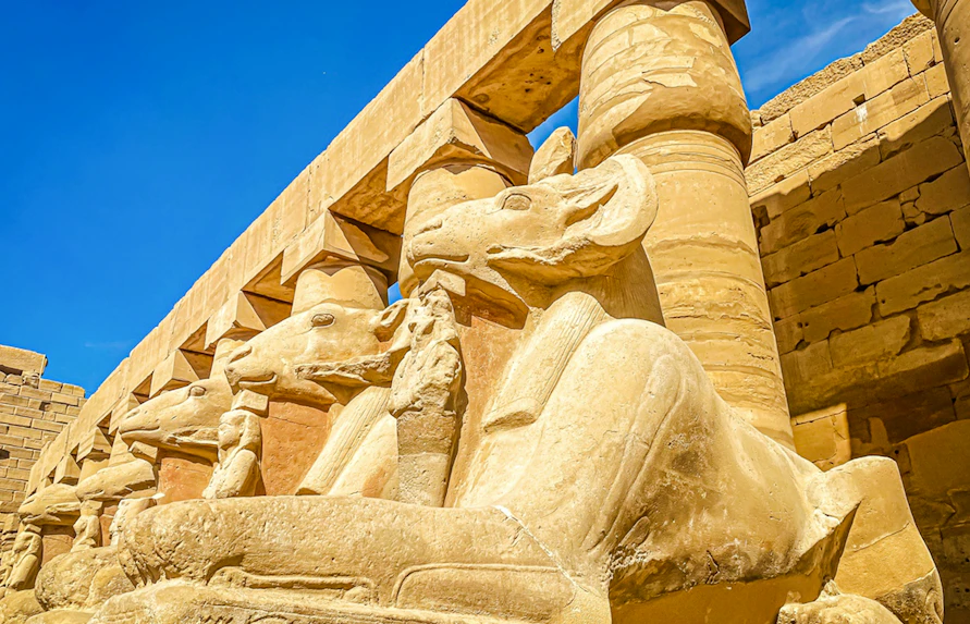 Ram-headed sphinxes at Karnak Temple, Luxor, Egypt.