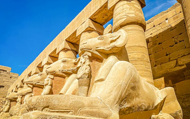 Ram-headed sphinxes at Karnak Temple, Luxor, Egypt.