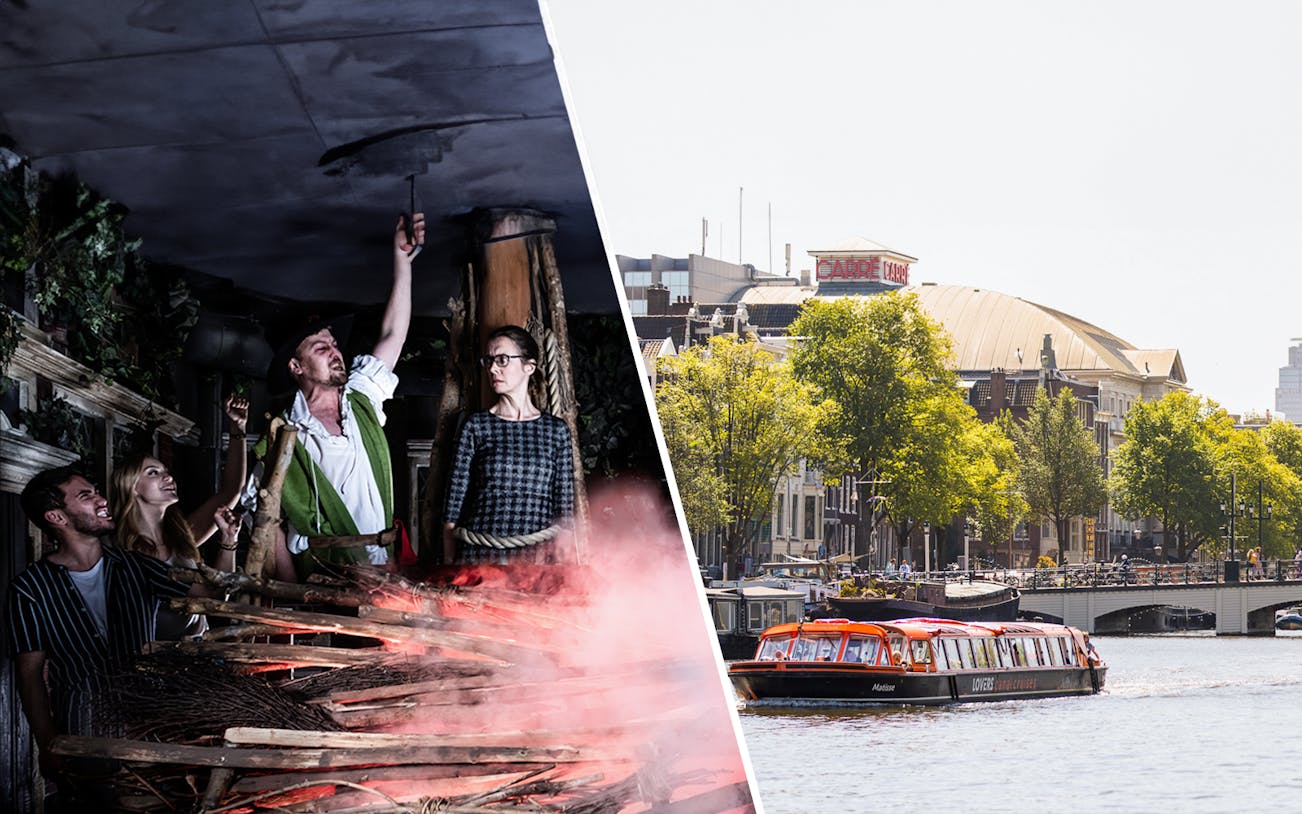Amsterdam Dungeon actors performing; canal cruise boat on Amsterdam canal.