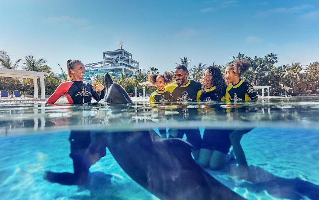 Family interacting with a dolphin at Aquaventure Waterpark, Dubai.