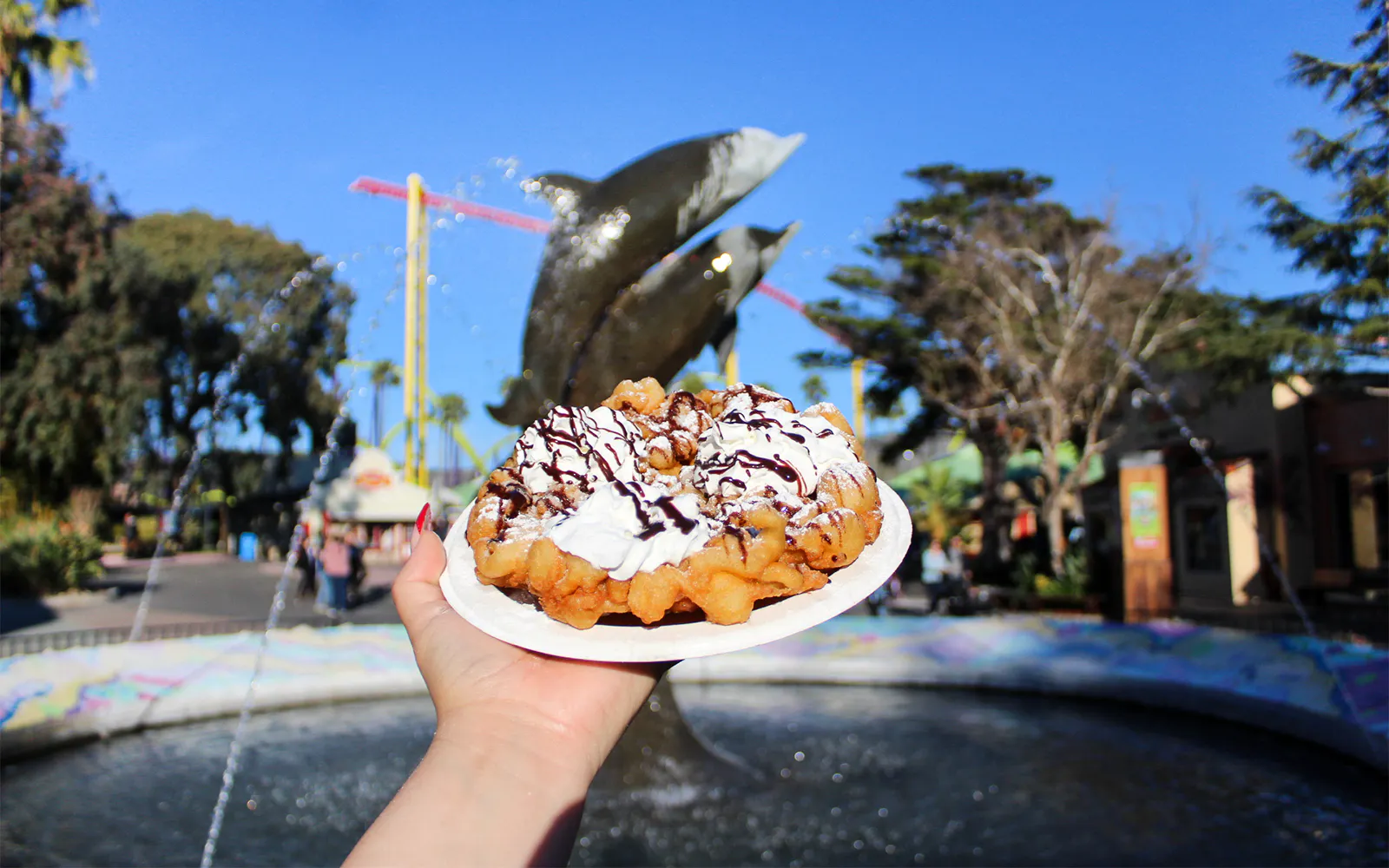 Funnel cake with chocolate drizzle at Discovery Kingdom, Six Flags, California.