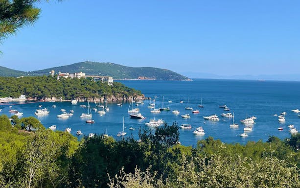 Boats anchored in the bay with lush greenery on Princess Island, Turkey.