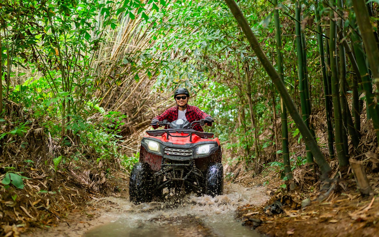 ATV rider navigating a muddy trail through dense bamboo forest.