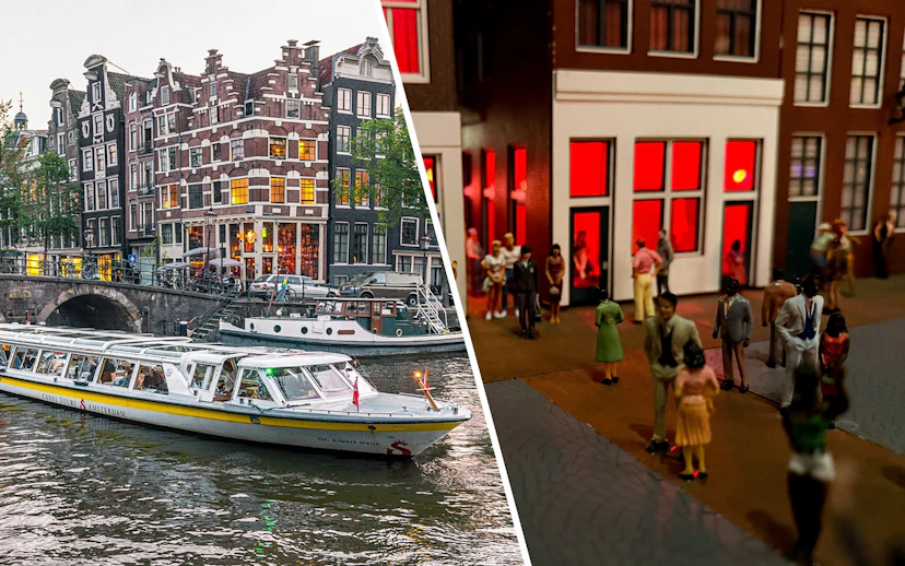 Amsterdam canal cruise boat passing historic buildings; Miniature Museum scene with figures.