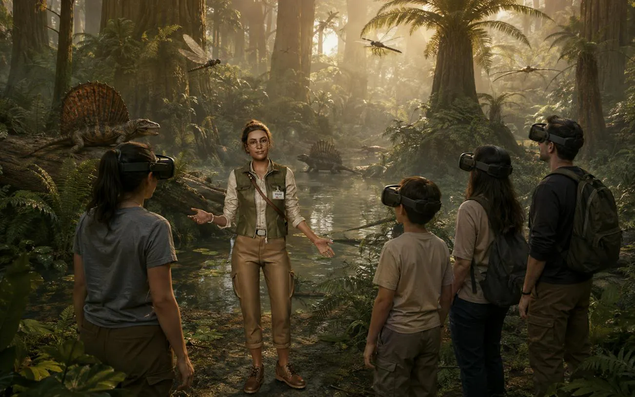Visitors using VR headsets in a prehistoric forest setting at Müzeverse, Istanbul.