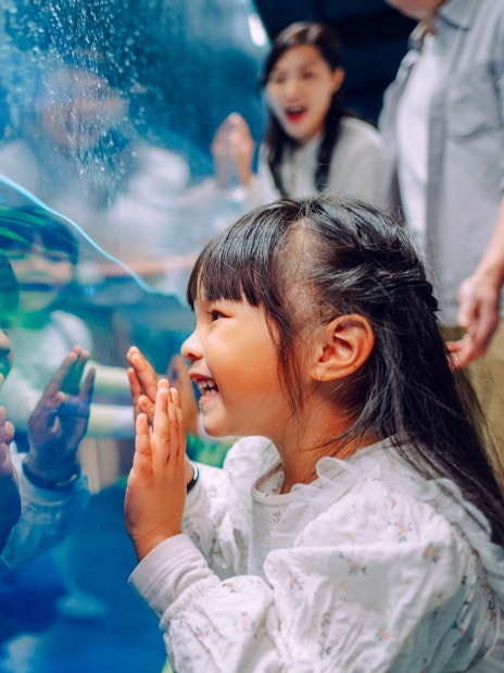 Child watching penguin at South Pole Spectacular, Ocean Park, Hong Kong.