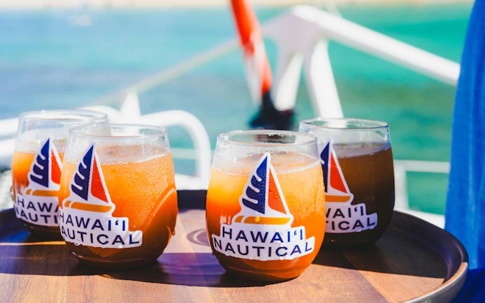 Drinks on a tray during West Oahu Deluxe Whale Watch Sail.