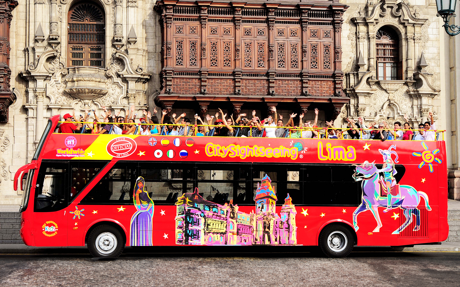 Tourists enjoying a Bus Tour of Peru, exploring Lima city's major attractions on a sunny day