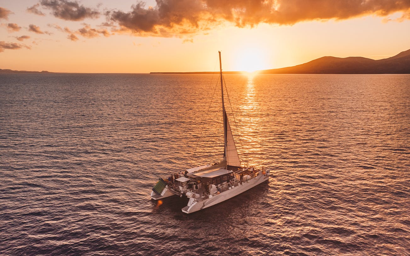 Catamaran sailing at sunset in Lanzarote for dolphin watching.