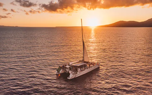 Catamaran sailing at sunset in Lanzarote for dolphin watching.