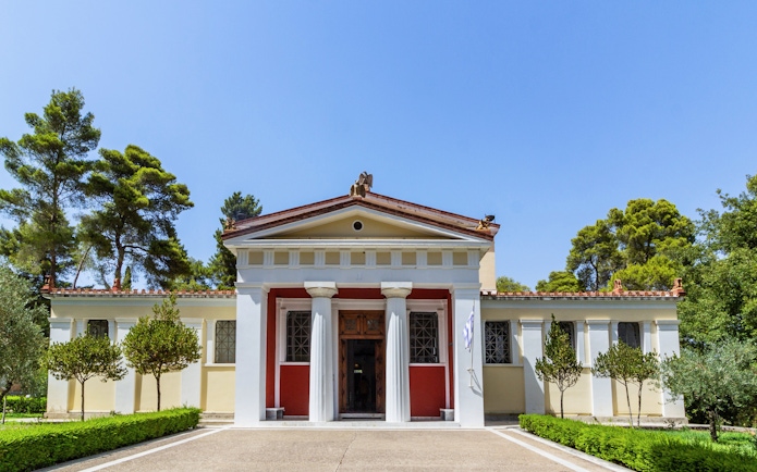 Museum entrance at the History of the Olympic Games of antiquity, Ancient Olympia, Greece.