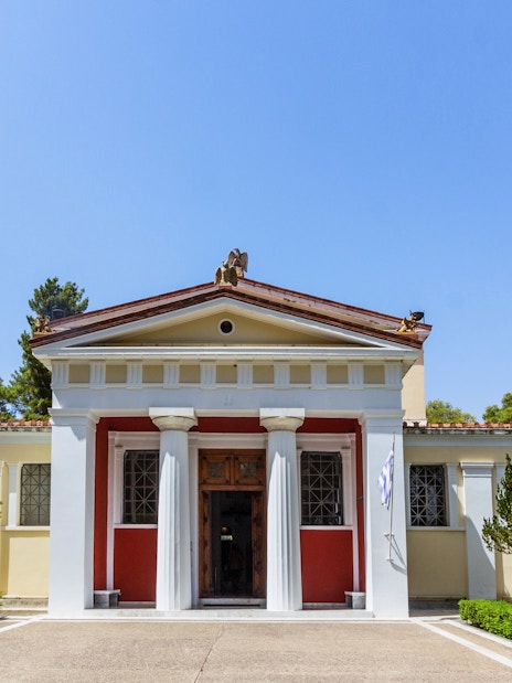 Museum entrance at the History of the Olympic Games of antiquity, Ancient Olympia, Greece.