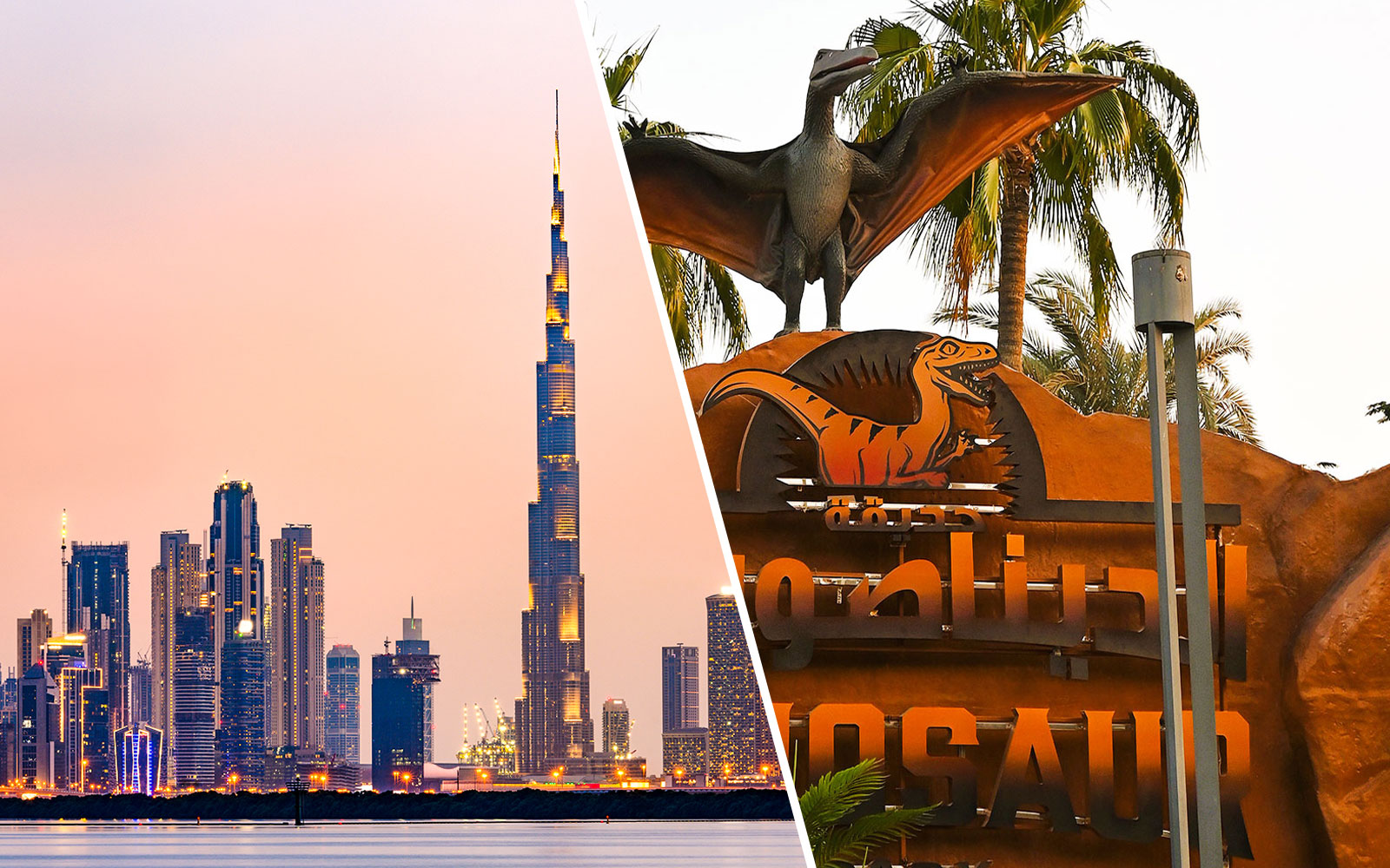 Burj Khalifa skyline and dinosaur exhibit at Dubai Garden Glow.