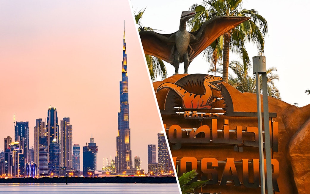 Burj Khalifa skyline and dinosaur exhibit at Dubai Garden Glow.