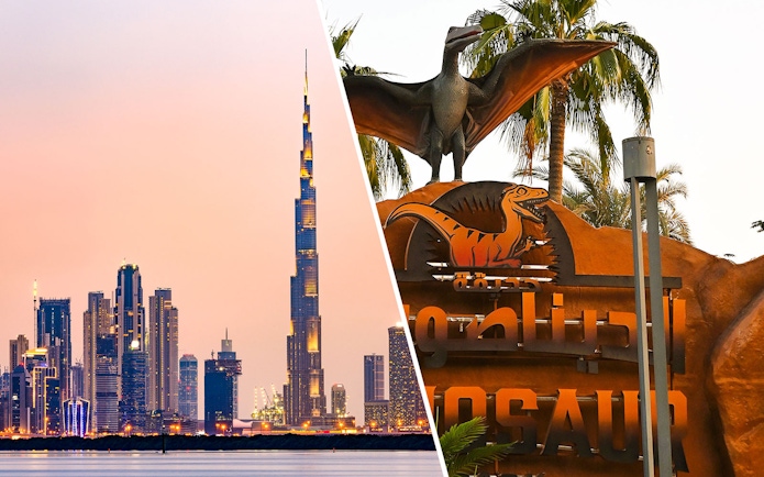 Burj Khalifa skyline and dinosaur exhibit at Dubai Garden Glow.
