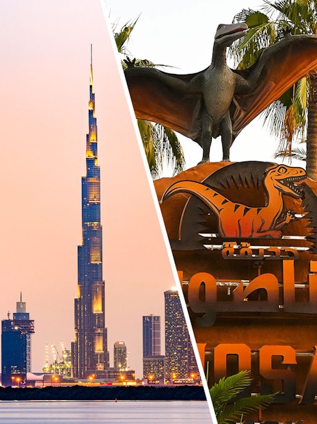 Burj Khalifa skyline and dinosaur exhibit at Dubai Garden Glow.