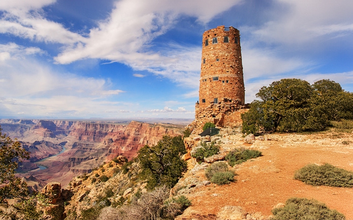 Grand Canyon Watchtower overlooking canyon landscape.