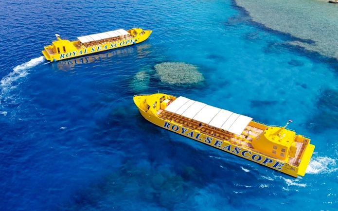 Aerial view of Royal Seascope boats on the Red Sea, Hurghada.