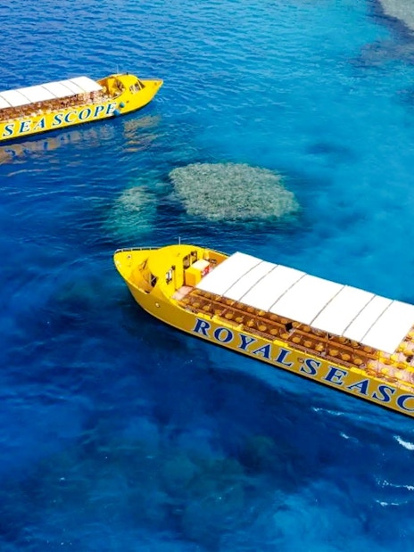Aerial view of Royal Seascope boats on the Red Sea, Hurghada.