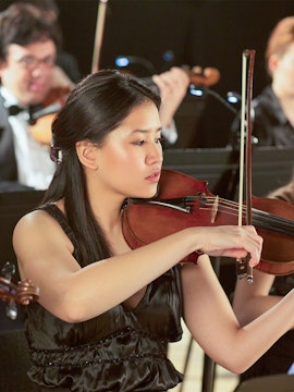 Violinist performing at a classical concert in Vienna.