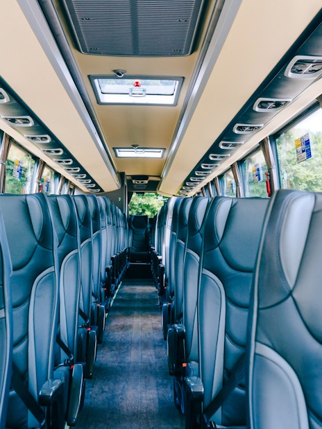 Interior of a bus used for transfers to and from London Victoria Station.