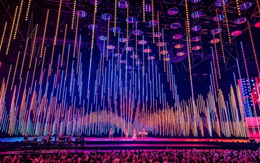 ABBA Voyage concert stage with colorful light display in London.