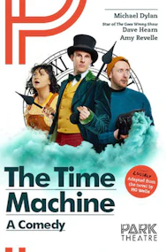 Theater poster for "The Time Machine - A Comedy" featuring a clock and gears.