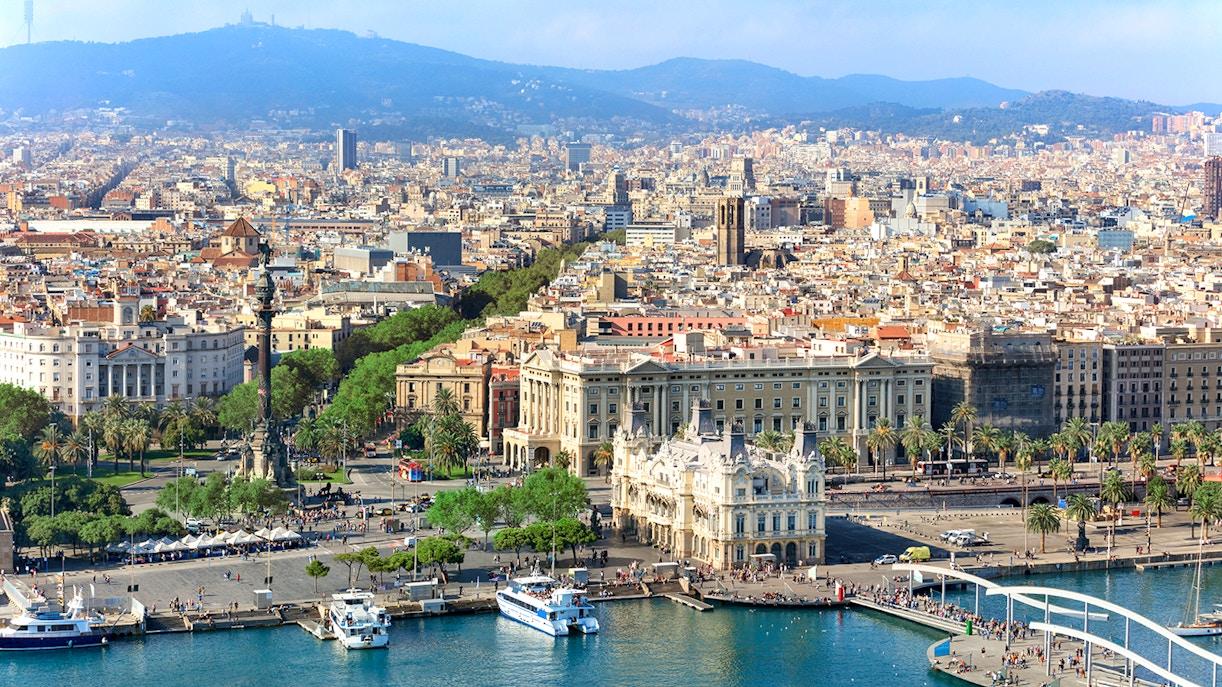View of Central embankment of Barcelona from Montjuic cable car