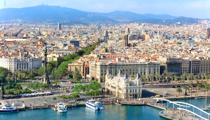 View of Central embankment of Barcelona from Montjuic cable car