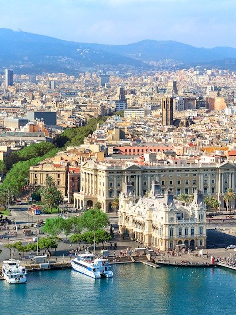 Aerial view of Barcelona's waterfront and cityscape, featuring Montjuic in the background.