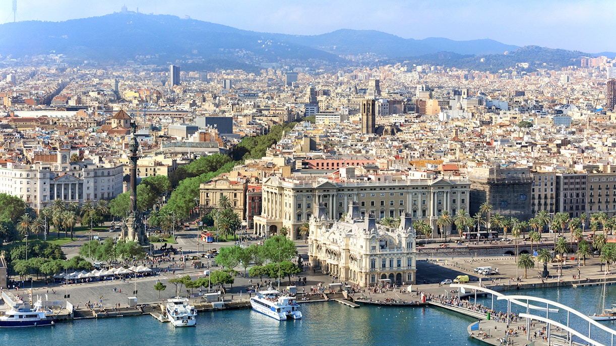 View of Central embankment of Barcelona from Montjuic cable car