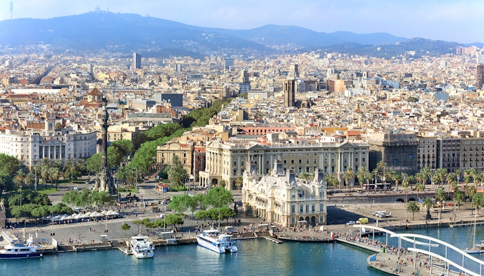 View of Central embankment of Barcelona from Montjuic cable car