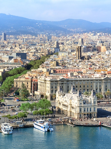 Aerial view of Barcelona's waterfront and cityscape, featuring Montjuic in the background.
