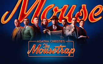 Cast of Agatha Christie's The Mousetrap holding a newspaper against a neon sign backdrop.