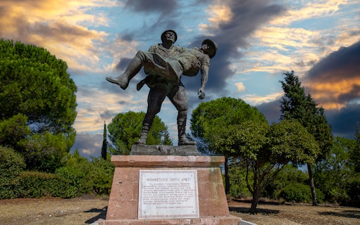 Gallipoli statue of soldier carrying comrade, surrounded by trees, under a dramatic sky.