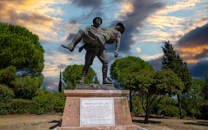 Gallipoli statue of soldier carrying comrade, surrounded by trees, under a dramatic sky.