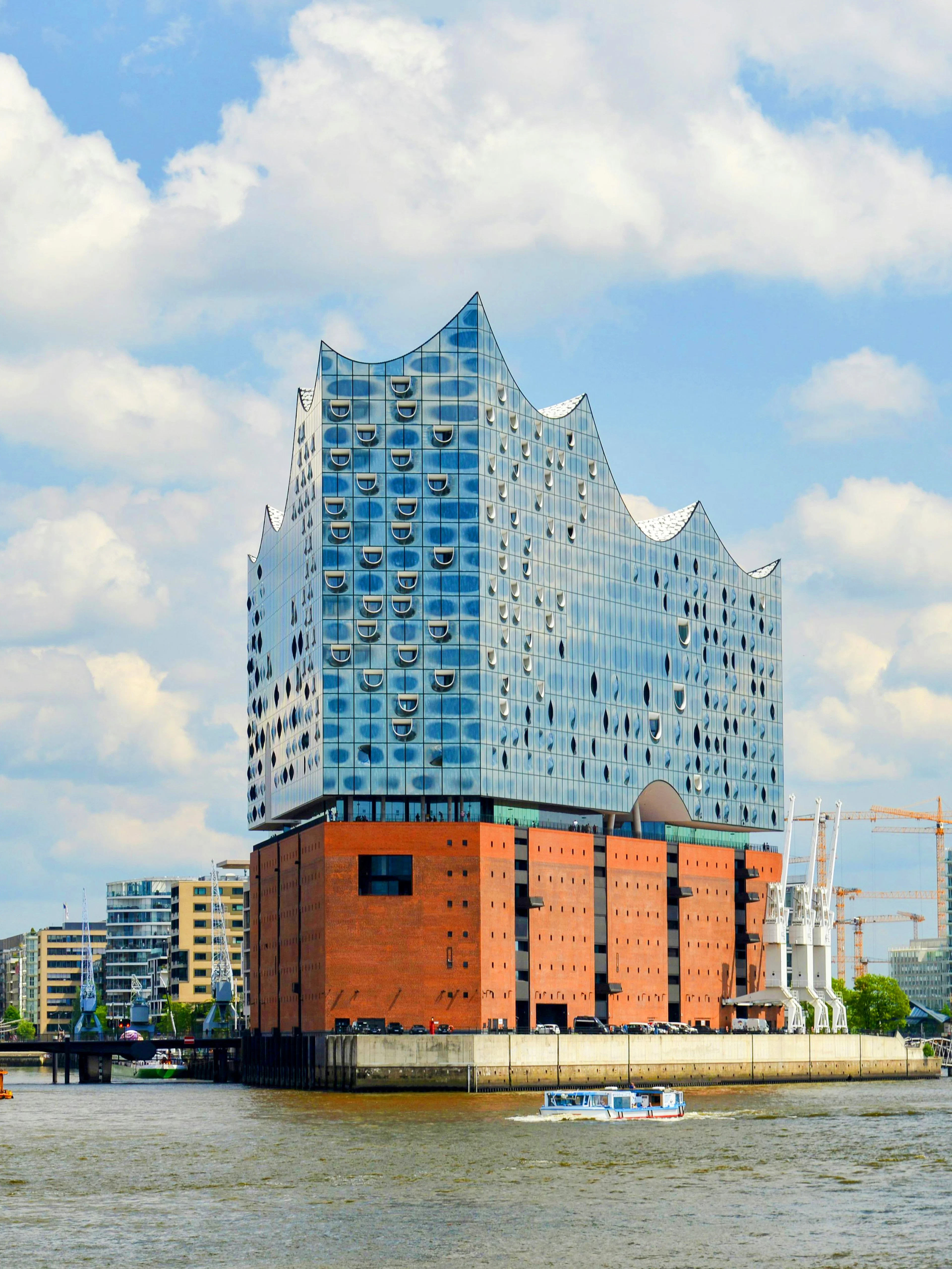 Elbphilharmonie concert hall and surrounding buildings in Hamburg's HafenCity district.