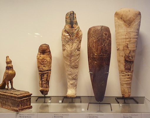 Tourists exploring mummies at the Louvre Museum in Paris, France with Reserved Access Tickets and Optional Audioguide