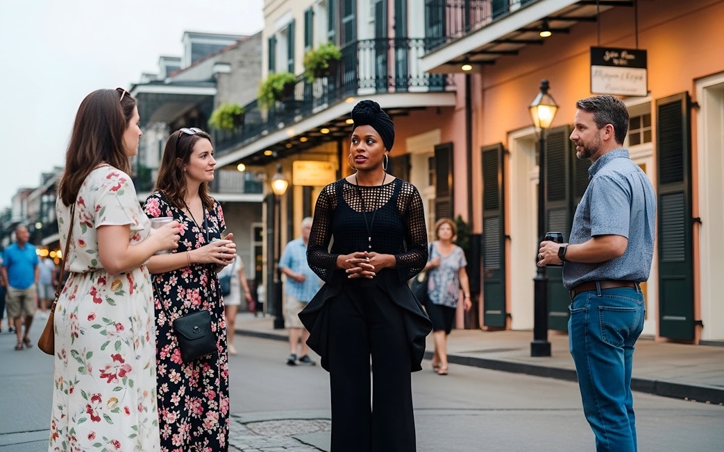 Tour group in French Quarter, New Orleans, during haunted ghost tour.